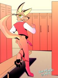 2019 anthro ass balls blush bottomless canid canine canis clothed clothing digital_media_(artwork) domestic_dog embarrassed erection eyewear feet fur glasses hi_res humanoid_penis jacket locker locker_room looking_at_viewer male male_only mammal nerd nude open_mouth panties paws penis shy smile solo tigertooth topwear underwear undressing