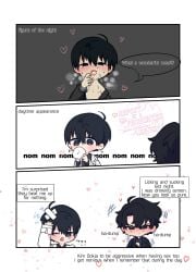 >:( 2d bandage_on_hair big_head black_eyes breath chibi chibi_only commentary cum cum_on_body curtained_hair d; dumpling eating english_text facial flustered food gay hair_between_eyes heart heartbeat highres holding holding_food implied_sex kim_dokja kimidori_22 male male_only no_visible_genitalia omniscient_reader's_viewpoint one_eye_closed sexually_suggestive short_hair sound_effects speech_bubble suggestive_fluid sweatdrop symbol-only_commentary tagme tongue tongue_out toony v-shaped_eyebrows yaoi yoo_joonghyuk