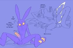 anthro anthro_only artist_name big_balls big_penis cum ejaculation english_text frustrated glitch_productions jax_(tadc) jax_(the_amazing_digital_circus) jerking_off laying_down laying_on_bed male male_only masturbation nerunaur rabbit spread_legs text the_amazing_digital_circus tissue used_tissue
