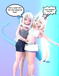2girls 3d 3d_(artwork) 3d_model 3d_render 3dcg armpit_tickling armpits belly_button chibi cute deep_belly_button deep_navel female female_focus female_only fish gawr_gura giggle girls hololive hololive_english hololive_gamers laughing laughing_female myart navel navel_fetish navel_fingering navel_focus navel_play navel_poke navel_tickling render rivals sameko_saba self_upload shark shortstack speech_bubble tickle_belly_button tickle_fetish tickle_torture tickled tiny_girl vtuber vtuberfanart vtubermodel vtubers zazkinkart
