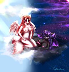 :3 absurd_res angel animal_genitalia anthro artemis_tsukino balls big_breasts big_eyes black_body black_fur blush breasts cali_pona cloud day demon domestic_cat duo erect_nipples felid feline felis female fur gynomorph hair halo hi_res horn inner_ear_fluff intersex kneeling long_hair long_tail lying mammal moon night nipples nude on_side penis pink_eyes pink_hair pink_nipples pink_nose pink_penis purple_eyes purple_hair simetra_kuro sky star sun tuft white_body white_fur wings