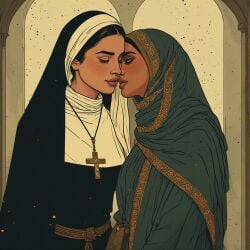 ai ai_generated arab breasts christian_on_muslim christianity female hijab islam kissing laying_on_stomach love muslim muslim_female mythology_rarepair nun standing