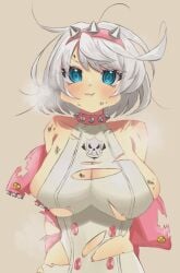 elphelt_valentine guilty_gear guilty_gear_strive arc_system_works boobs breasts exposed torn_clothes torn_clothing ripped_clothing ripped_clothes boob_window sideboob holding_breath blushing blush blue_eyes white_hair flustered skindentation hi_res