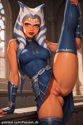 1girls ahsoka_tano ai_generated blue_eyes breasts clone_wars erect_nipples female gloves jedi nipples nipples_visible_through_clothing orange_body passion_ai pussy seductive seductive_look seductive_smile sexy sexy_body sexy_pose skirt skirt_lift skirt_up standing_split star_wars stockings togruta upskirt