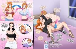 3girls arm_tattoo black-haired_female black_hair black_legwear black_stockings blue_eyes blue_tattoo blush brown_eyes brown_sandals brown_shoes cleavage cowgirl_position dildo dildo_in_ass dildo_in_pussy dildo_penetration dildo_riding english english_text female female_on_top female_only female_penetrated footwear ggc hanging_breasts happy happy_birthday happy_sex holding_hands kissing koala_(one_piece) large_breasts long_hair medium_hair milf miniskirt nami_(one_piece) nico_robin nipples one_piece orange-haired_female orange_hair reupload sex sex_from_behind sex_toy speech_bubble spread_legs sunglasses sunglasses_on_head sweat tattoo thick_thighs thighhighs thighs tongue tongue_out uncensored white_high_heels wide_hips yuri