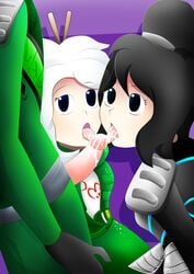 1boy 2girls black_hair chopsticks chopsticks_in_hair cum cum_in_mouth cum_on_face female_focus harumi_(ninjago) lego lloyd_garmadon ninjago ninjargon_(ninjago_alphabet) nya_(ninjago) princess_harumi_(ninjago) roomi_arts sons_of_garmadon_(ninjago) white_hair