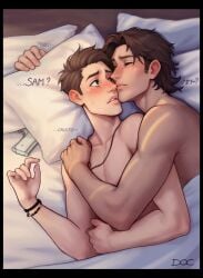 accidental_incest anime_style bed bedding_background bedsheets blush bracelets brothers cuddling cute dean_winchester doc1999 gun incest male male_only mistaken_identity no_sex sam_winchester sharing_bed soft_shading spoon_position spooning supernatural supernatural_(series) wincest