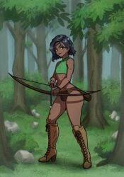 1boy 2d archer arrow_(projectile) artist_name background black_hair boots booty_shorts bow_(weapon) bow_and_arrow brown_eyes bulge clothed clothed_male color commission commissioner_upload crop_top curvy curvy_male dark-skinned_femboy dark-skinned_male dark_skin femboy femboy_only fingerless_gloves forest forest_background high_heel_boots high_heels human knee_boots male male_only medium_hair non-nude original original_character pouty_lips quiver_(object) solo tudorykmaknark weapon