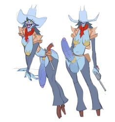 adoptable big_breasts big_penis blue_skin breasts cock_ring cowboy_hat cowgirl cowgirl_outfit gun huge_cock original_character pasties penis scarf whiteflagman