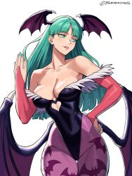 1girls black_leotard breasts bridal_gauntlets cleavage curvy darkstalkers demon_girl female female_only green_eyes green_hair head_wings highleg highleg_leotard highres leotard long_hair morrigan_aensland nail_polish pantyhose purple_pantyhose scottish scottish_female seveninks simple_background smile solo strapless strapless_leotard succubus white_background wide_hips wings