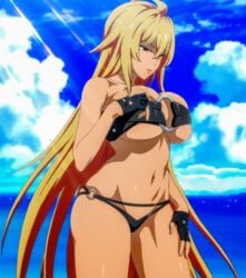 beach bikini blonde_hair dark_skin female huge_breasts long_hair micro_bikini outdoor screencap shikishima_mirei stitched thick_thighs third-party_edit underwear valkyrie_drive valkyrie_drive_-mermaid-