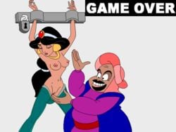 abis_mal aladdin arabian_clothes bondage bound_wrists closed_eyes defeated degradation disney disney_princess dwarf forced game_over hairless_pussy harem_outfit jewelry long_hair looking_away nipples panze pixel_art princess_jasmine pussy rape shame slender smirk spread_legs teen