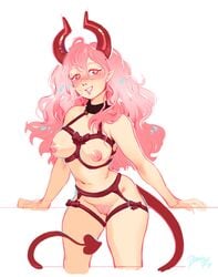 bramblefix cowboy_shot demon_girl female lingerie long_hair medium_breasts pink_hair pubes sketch smile standing white_background