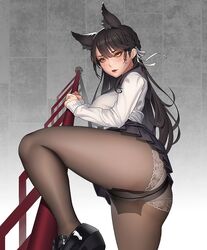 1girls animal_ears ass atago_(azur_lane) azur_lane black_footwear black_skirt crotch_seam dat_ass dog_ears from_below fully_clothed lace_panties leg_up legs legwear light-skinned_female light_skin lipstick long_hair looking_at_viewer makeup miniskirt panties_under_pantyhose pantyhose rhasta sakura_empire_(azur_lane) school_uniform shiny shirt shoes skirt thick_thighs thighs underwear white_panties white_shirt yellow_eyes