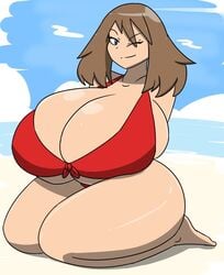 1girls alternate_breast_size barefoot beach brown_hair brunette chubby eye_contact female female_only huge_ass huge_breasts human igphhangout light-skinned_female looking_at_viewer may_(pokemon) nintendo pokemon pokemon_rse smile solo solo_female swimsuit thick_thighs wide_hips wink winking winking_at_viewer