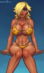 1girls artist_name big_breasts bikini blonde_hair blue_eyes breasts clothing dark-skinned_female dark_skin female female_only hair highres large_breasts long_hair luma_bikini mario_(series) nintendo princess princess_rosalina shadowboxer solo super_mario_galaxy tan tan_skin toned video_games