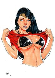 1girls 2019 annoyed big_breasts black_bikini_top black_bra black_hair blue_eyes bra breasts busty cleavage dated dc dc_comics donna_troy earrings ed_benes_studio eyeshadow female female_only justice_league large_breasts lipstick makeup mascara nail_polish pinup purple_lips purple_lipstick red_nail_polish red_nails red_shirt shirt shirt_lift short_shirt signature solo teen_titans tiara troia upper_body vagner_fernandes white_background wonder_girl wonder_woman_(series)