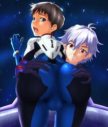 2boys ass ass_grab backsack balls big_ass bodysuit brown_hair brown_hair_bottom chicken_nuggets clothed clothing dat_ass domination femboy gay kaworu_nagisa light_hair_on_dark_hair male male_only neon_genesis_evangelion shinji_ikari tan trap white_hair white_hair_on_brown_hair white_hair_top yaoi