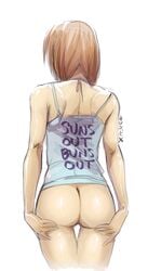 ass ass_support back bare_arms bare_ass bare_shoulders bottomless brown_hair english_text female from_behind hand_on_own_ass kitsunebi-x medium_hair neck posterior_cleavage presenting shirt sleeveless sleeveless_shirt solo standing text text_on_clothes thigh_gap thighs vashperado