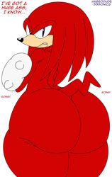 ass big_ass big_butt bouncing_ass crossed_arms echidna habbodude hyper hyper_ass hyper_butt jiggling knuckles_the_echidna looking_at_viewer looking_back male male_only purple_eyes red_fur sega solo sonic_(series) sssonic2 teapot_(body_type) text thick_thighs wide_hips