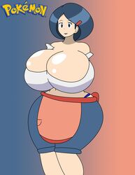 1girls alternate_breast_size ass bare_shoulders blue_eyes blue_hair busty chubby cleavage clothed clothed_female curvy eye_contact female_solo huge_ass huge_breasts human human_only hyper hyper_breasts igphhangout johanna_(pokemon) looking_at_viewer milf mother nintendo pokemon pokemon_dppt smile solo solo_female source_request text thick_thighs voluptuous wide_hips