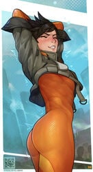 1girls ass athletic back back_view background big_ass blizzard_entertainment blush bodysuit bodysuit_under_clothes bomber_jacket breath brown_eyes brown_hair bubble_butt butt casual close-up crowd eyes_closed eyeshadow female fit freckles fringe harness human jacker jacket motion_lines outerwear overwatch overwatch_2 pale_skin petite public qr_code shivering short_hair short_jacket slim small_breasts solo spandex spiky_hair stretching tears thighs tight_clothing tight_fit tracer viewed_from_below yellow_eyes yellowroom