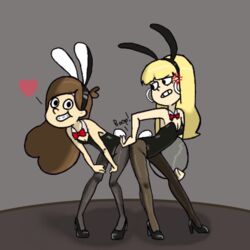 2girls angry braces bunny_ears bunny_tail bunnysuit cleavage clothing disney disney_channel edit female_focus female_only gravity_falls heart hoop_earrings looking_at_viewer mabel_pines pacifica_northwest pantyhose risingfang smile stage straight_hair vein