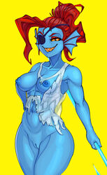 abs anthro blue_skin cowboy_shot eye_patch female fish grin looking_at_viewer marine medium_breasts milky_way_(artist) muscular_female nude pussy red_hair sharp_teeth solo spear spear_of_justice torn_clothes undertale undyne weapon yellow_background