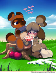 2boys animal_crossing anthro ass balls big_ass big_balls blowjob blush brown_fur canine cherry claws cum cumshot digby_(animal_crossing) domination fluffy fluffy_tail food fur furry grass looking_at_another looking_down maehcarol male_only mammal naked nintendo nipples nude open_mouth pawpads paws penis penis_grab raccoon_dog rape sweat tail tailwag tanuki text tom_nook tongue tongue_out