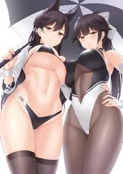 2girls animal_ears atago_(azur_lane) atago_(stunning_speedster)_(azur_lane) azur_lane big_breasts bikini black_bikini black_hair blush bodysuit breast_press breasts cameltoe covered_navel elbow_gloves from_below gloves hair_ribbon leotard light-skinned_female light_skin long_hair looking_at_viewer navel pantyhose ponytail sakura_empire_(azur_lane) sama_samasa smile swimsuit takao_(azur_lane) takao_(full_throttle_charmer)_(azur_lane) thighband thighhighs thighs underboob yellow_eyes