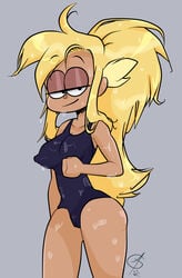 1girls blonde_hair carol_(ok_k.o.!_let's_be_heroes) carol_kincaid clothed clothing curvy dark-skinned_female erect_nipples female half-closed_eyes ican-t-get-no-satisfaction leotard long_hair nipples ok_k.o.!_let's_be_heroes silver_spark_(ok_k.o.!_let's_be_heroes) swimsuit voluptuous wet_clothes wet_hair