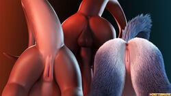 16:9 3d_(artwork) anus ass balls canid canine critterclaws crittermatic digital_media_(artwork) dragon dragoness female feral furry hi_res invalid_tag male mammal penis presenting pussy