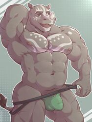 2019 acephlosion anthro big_muscles blue_eyes bulge clothed clothing eyebrows grey_body grey_skin hand_behind_head hi_res horn jockstrap looking_at_viewer male male_only mammal muscular muscular_male nipples open_mouth penis_outline pink_nipples rhinocerotoid scar smile solo standing thick_eyebrows topless underwear undressing white_horn