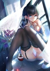 1girls animal_ears ass atago_(azur_lane) azur_lane bare_shoulders black_hair black_legwear blue_eyes breasts cat_ears cleavage extra_ears female garter_belt garter_straps gloves high_heels imo_bouya legwear panties panty_shot pencil_skirt solo thighhighs thighs underwear uniform white_panties wine_glass