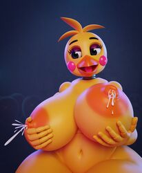 2019 3d 5_fingers animatronic areola avian beak big_breasts biped bird blue_eyes blush blush_stickers bodily_fluids breasts chicken curvy_figure doll_joints eyelashes eyeliner female fingers five_nights_at_freddy's five_nights_at_freddy's_2 front_view galliform gallus_(genus) half-closed_eyes half-length_portrait head_tuft hi_res holding_breast huge_breasts huge_toy_chica humanoid_hands lactating lactation larger_female machine makeup milk mipsmiyu navel nipples non-mammal_breasts nude open_beak open_mouth open_smile orange_areola orange_nipples phasianid portrait robot smile solo tongue toy_chica_(fnaf) tuft video_games voluptuous wide_hips yellow_body