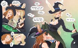 2girls animal_humanoid bramblefix breasts breasts_out cauldron comic english_text female_only final_fantasy final_fantasy_xiv futanari hairless_balls intersex inverted_nipples oral panels panties_down penis sequence skirt_lift speech_bubble viera witch witch_hat yuri