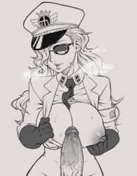 1girls 2019 asura_(artist) black_and_white breasts breasts_out cleavage domino_(one_piece) erection female gloves hair_over_one_eye hat huge_breasts imminent_sex inviting male monochrome one_breast_out one_piece penis pov steam sunglasses sweat tinted_eyewear undressing uniform