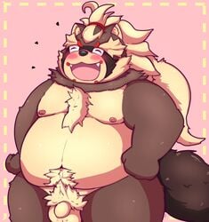 balls belly blush canid canine flaccid fluffy goemon_(tas) hair hi_res kus0_sensei long_hair male male_only mammal navel nipples nude overweight penis ponytail pubes raccoon_dog tanuki tokyo_afterschool_summoners video_games