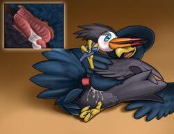 absurd_res ambiguous_gender anatomically_correct animal_genitalia avian beak bird blush bodily_fluids cloaca cum cum_in_cloaca cum_inside cum_on_body duo feathers feet feral feral_on_feral frottage genital_fluids hi_res intimate lying moisteaglevent murkrow nintendo open_mouth original_character pokémon_(species) pokemon pokemon_gsc pokemon_sm simple_background smile talons tongue tongue_out trumbeak video_games wet wings