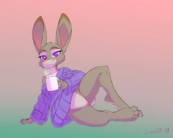 2019 bedroom_eyes beverage bottomless clothed clothing coffee crombie digital_media_(artwork) dipstick_ears disney eyebrows eyelashes female full-length_portrait fur furry furry_only grey_body grey_fur half-closed_eyes happy heart holding_cup holding_object inviting judy_hopps lagomorph leporid looking_at_viewer mammal multicolored_body multicolored_ears multicolored_fur naughty_face partially_clothed portrait pose presenting presenting_pussy purple_eyes pussy rabbit seductive signature smile solo sweater tail text topwear white_body white_fur zootopia