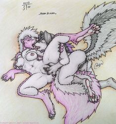 2girls anthro ass bodily_fluids breasts female female/female fur furry furry_only hi_res kissing mammal mephitid mika nayrin paws pink_body pink_fur pirox pussy saliva skunk tongue wet white_body white_fur yuri