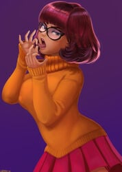 brown_eyes brown_hair clothed clothing come_hither fellatio_gesture girl glasses hanna-barbera looking_at_viewer makeup middle_finger open_mouth scoob! scooby-doo sexually_suggestive shadman tongue_out velma_dinkley warner_brothers woman