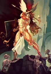 abs breasts brown_hair extreme_muscles fantasy female hammer helmet janrock loincloth long_hair muscles muscular muscular_female navel pubic_hair shield skeleton thick_thighs warrior weapon