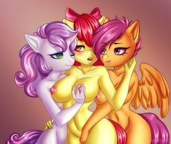 <3_eyes 3girls absurd_res accessory anthro anthrofied apple_bloom_(mlp) big_breasts blush breast_grab breasts earth_pony equid equine feathered_wings feathers female female/female female_only finger_fuck fingering friendship_is_magic gradient_background green_eyes group group_sex hair hair_accessory hair_on_head hair_ribbon hairbow hand_on_breast heart hi_res horn horse mammal multicolored_hair my_little_pony navel nude open_mouth pony portrait pterippus purple_eyes purple_hair reach_around red_eyes red_hair ribbons scootaloo_(mlp) sex simple_background smile sweetie_belle_(mlp) three-quarter_portrait threesome two_tone_hair unicorn vaginal_penetration wings yuri yutakira92