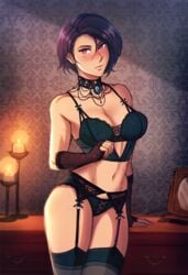 1girls arm_support ass athletic blush bra breasts brooch candle cleavage collarbone desk female female_only fingerless_gloves fire_emblem fire_emblem:_three_houses garter_belt gloves iahfy jewelry lace lace-trimmed_bra lace-trimmed_gloves lace-trimmed_lingerie lace-trimmed_panties lace_trim lingerie looking_at_viewer navel nintendo panties pose posing purple_eyes purple_hair shamir_nevrand short_hair softcore solo solo_female standing stomach thighhighs toned underwear