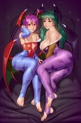 2girls ass big_ass big_breasts breasts capcom cleavage clothing darkstalkers demon_girl feet female female_only flat_chest head_wings kairuhentai kairunoburogu large_breasts lilith_aensland looking_at_viewer morrigan_aensland pantyhose sisters stirrup_legwear succubi succubus