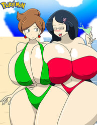 alternate_breast_size aurea_juniper beach big_breasts bikini blush drunk female fennel_(pokemon) gigantic_breasts huge_breasts human human_only igphhangout large_breasts logo nintendo pokemon pokemon_bw pokemon_professor