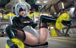 1girls alexander_dinh blindfold bondage breasts cameltoe cleavage cleavage_cutout clothing erect_nipples female female_only femsub gloves high_heels highres machine medium_breasts nier nier:_automata open_mouth partially_visible_vulva pod_(nier) restrained solo space_shuttle spread_legs stationary_restraints thighhighs tight_clothing white_hair yorha_2b