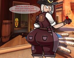 1girls 2d ashe_(overwatch) ass big_ass big_butt blizzard_entertainment caveman147 cow_girl cowboy_hat dialogue looking_at_viewer overwatch thick_thighs video_games