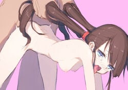 1boy blue_eyes blush breasts brown_hair commentary_request doggy_style domination fellatio female fukutchi hair_grab long_hair medium_breasts mouth_open nipples nude open_mouth oral original outline pink_background ponytail sex simple_background size_difference smaller_female solo_focus straight tongue tongue_out twintails